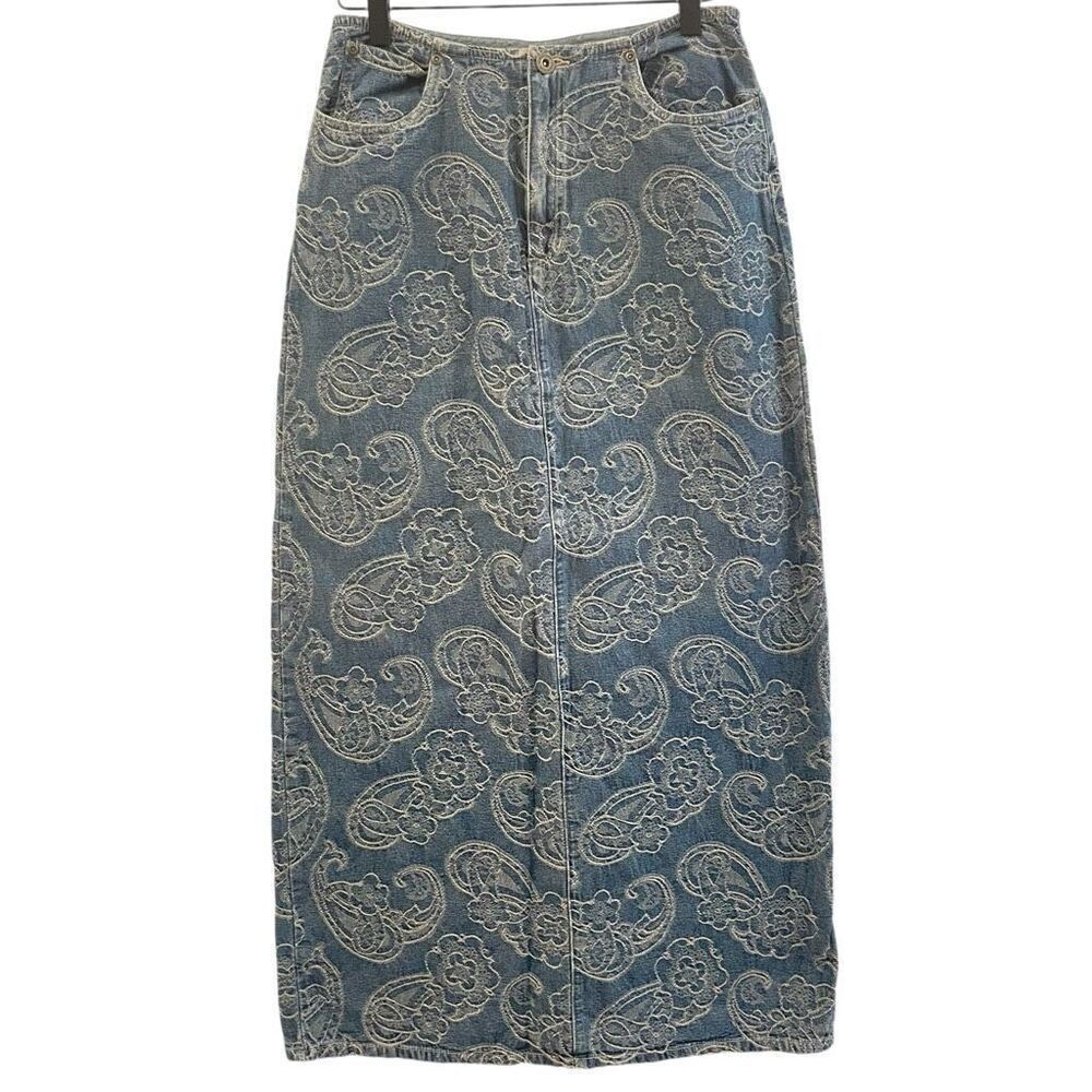 Vintage Liz Claiborne LizWear Denim Bohemian Paisley‎ Embroidered Maxi Skirt 4